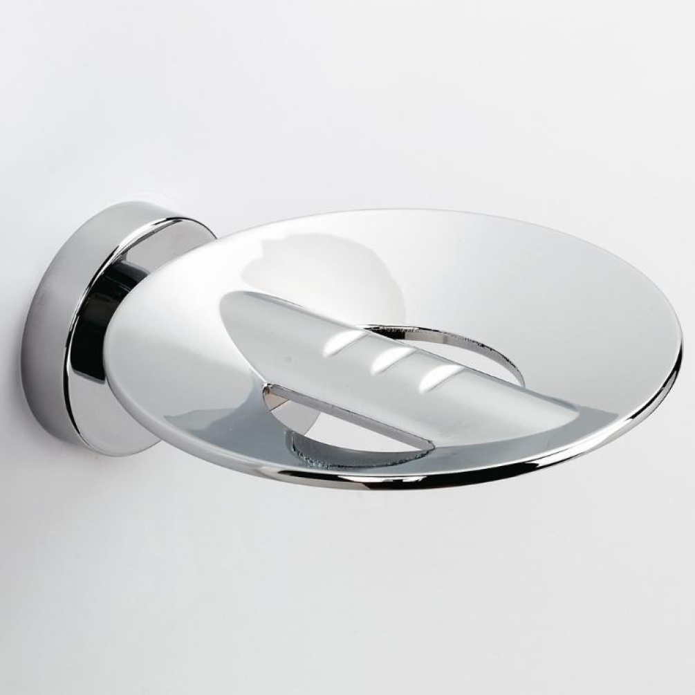 Close up product image of the Origins Living Tecno Project Chrome Metal Soap Dish with Holes